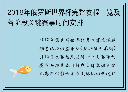 2018年俄罗斯世界杯完整赛程一览及各阶段关键赛事时间安排
